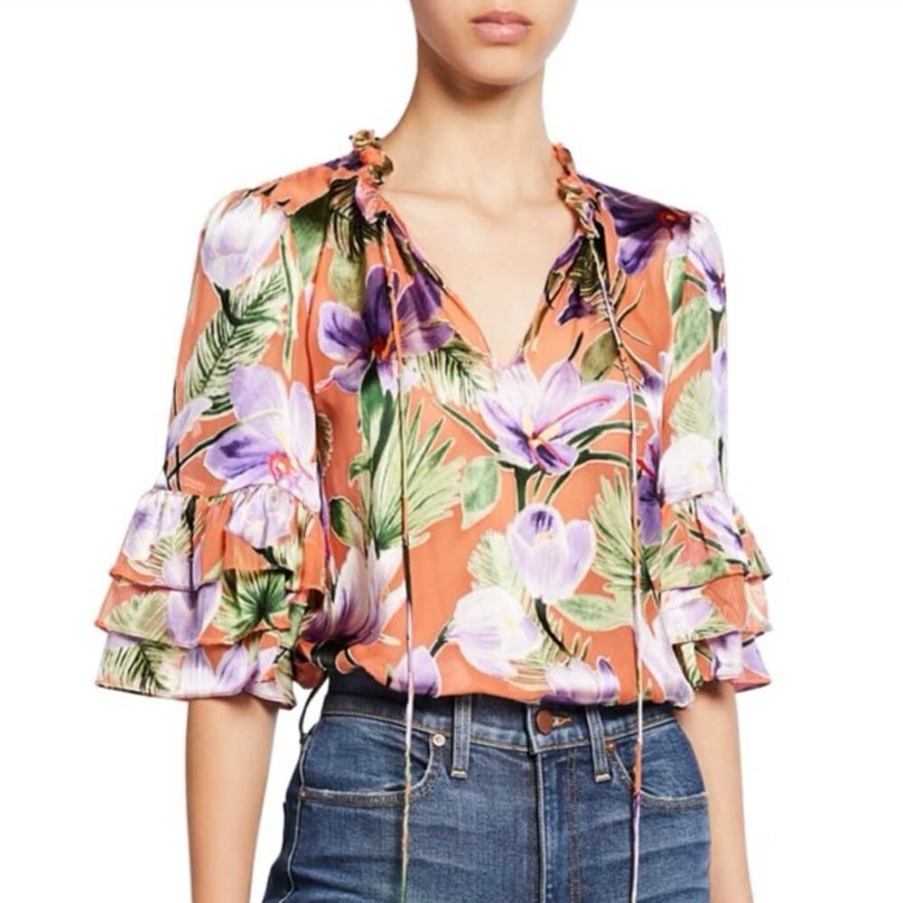 Alice+Olivia silk blend orange/purple floral-print blouse SZ L